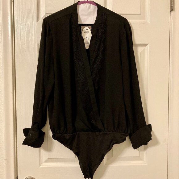 NWT, SZ L, Chiffon w/ Eyelash Lace Trim Bodysuit, Black - Picture 1 of 5
